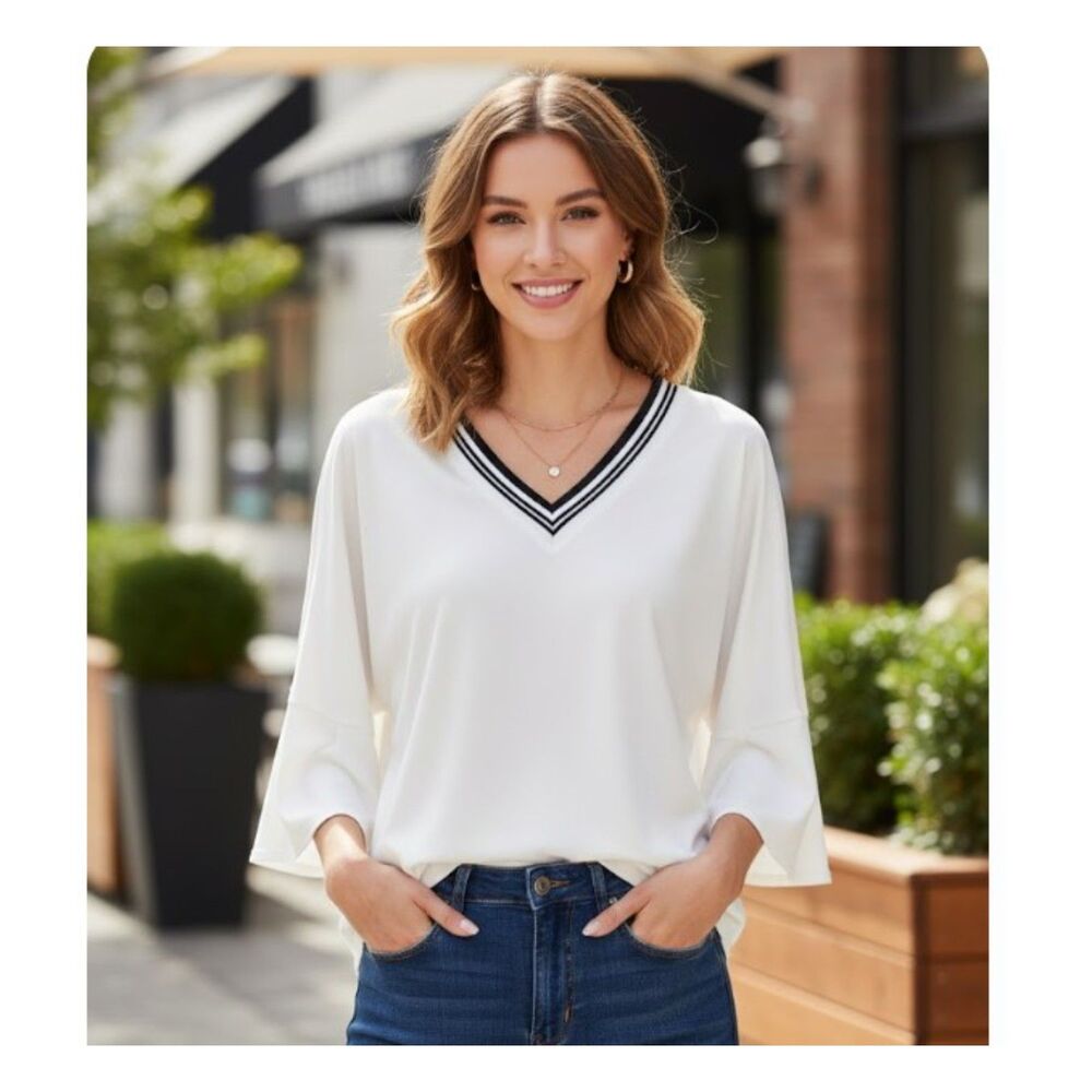 Peace of Cloth Jaime Jones White V-Neck Oversized Pullover Top Womens S